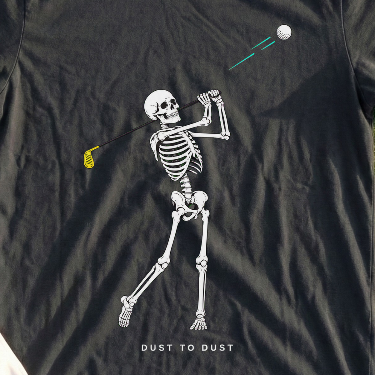 Dust To Dust, Full Extension Follow-Through Tee, print close-up on Black