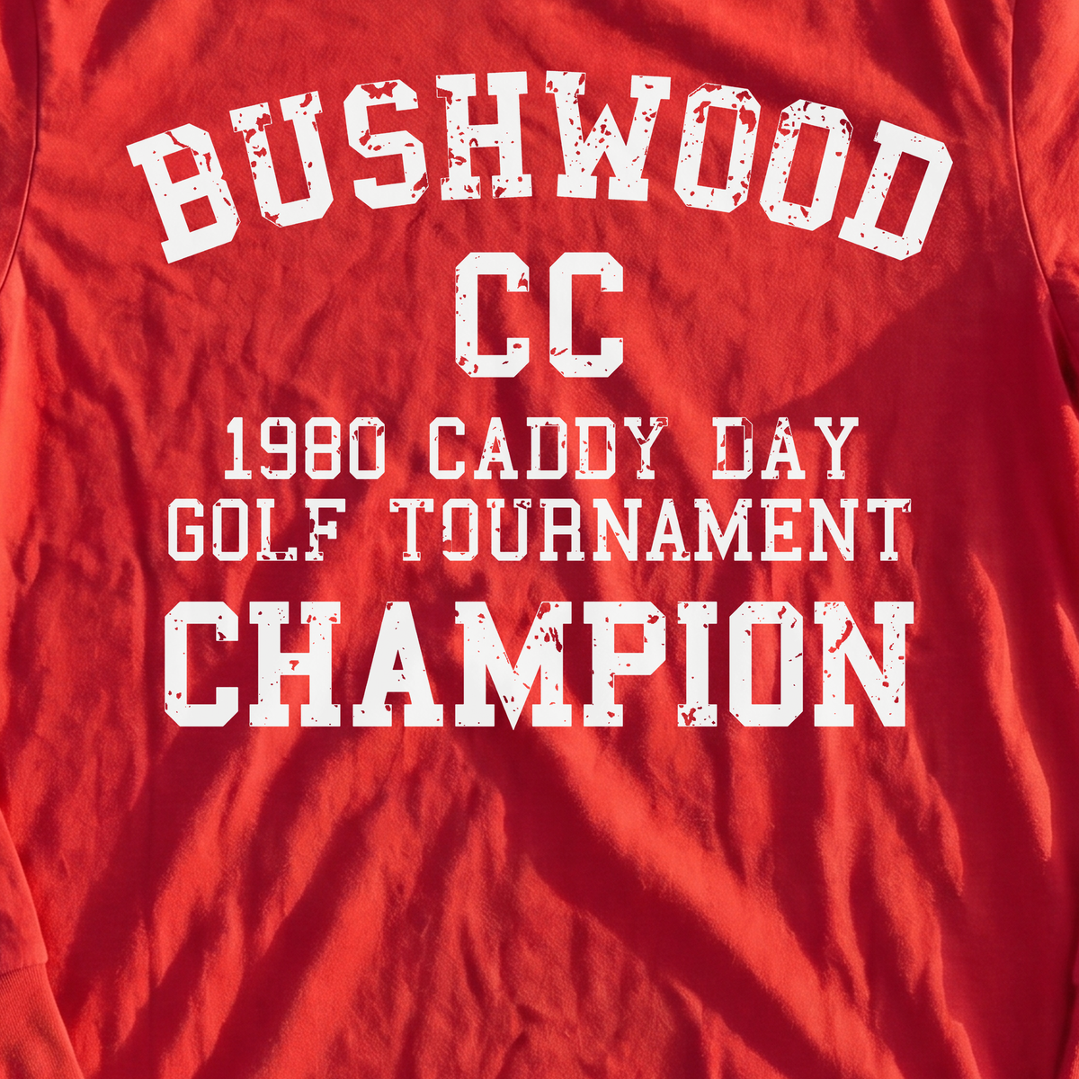 Bushwood Caddy Day Long Sleeve Tee, print close-up on Red