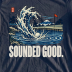 Sounded Good Woodblock Tee, print close-up on Navy
