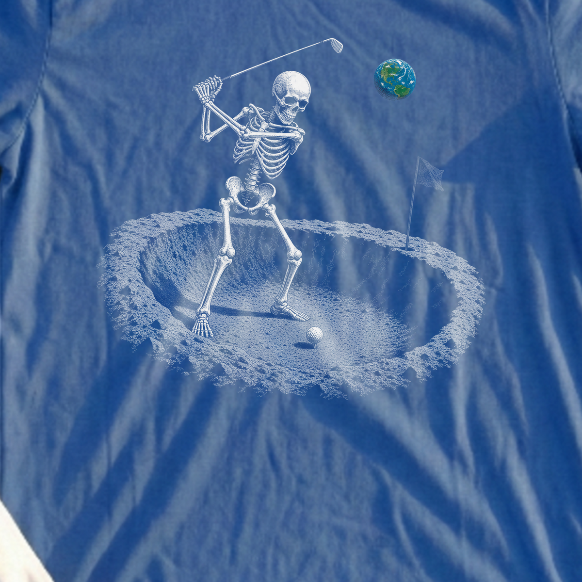 Moon Crater Skeleton Tee, print close-up on Royal