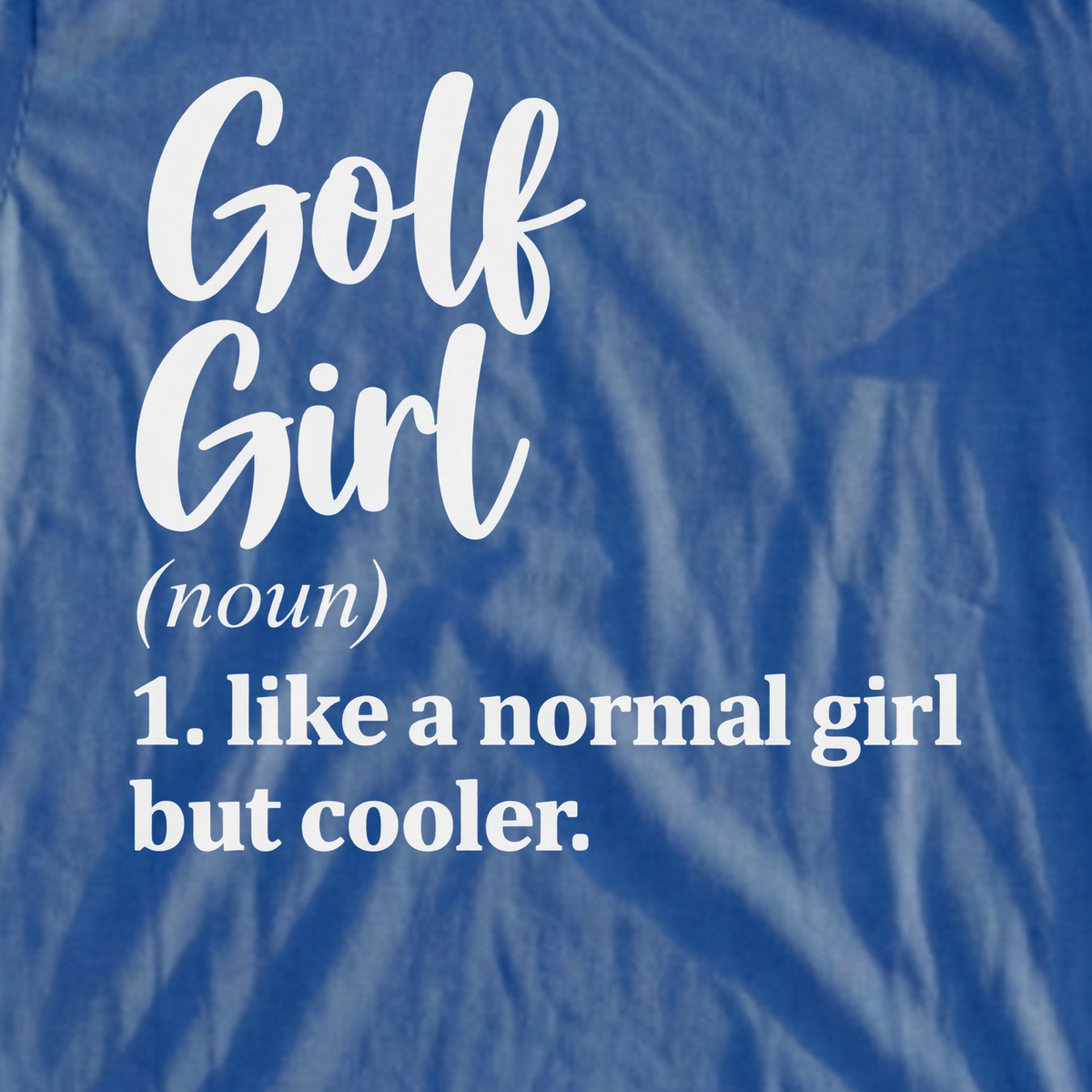 Golf Girl Script Tee, print close-up on Royal