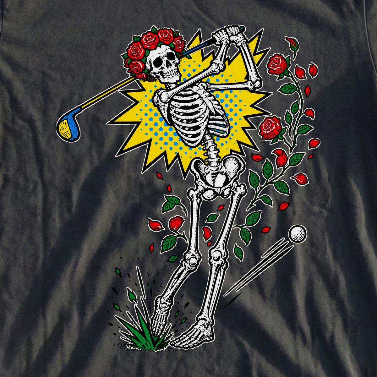 Rose Skeleton Pop Art Tee, print close-up on Black