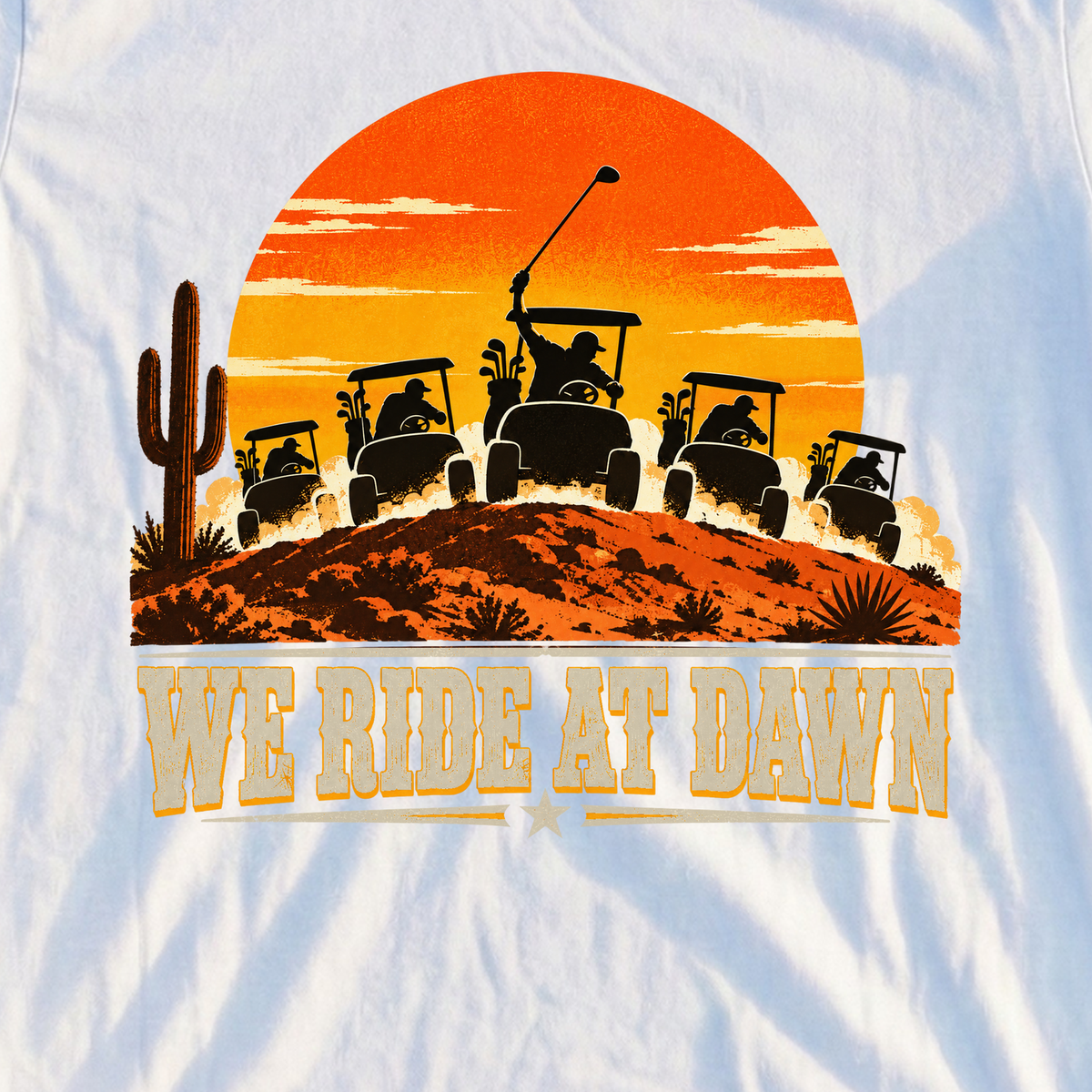 We Ride At Dawn Western Tee, print close-up on White