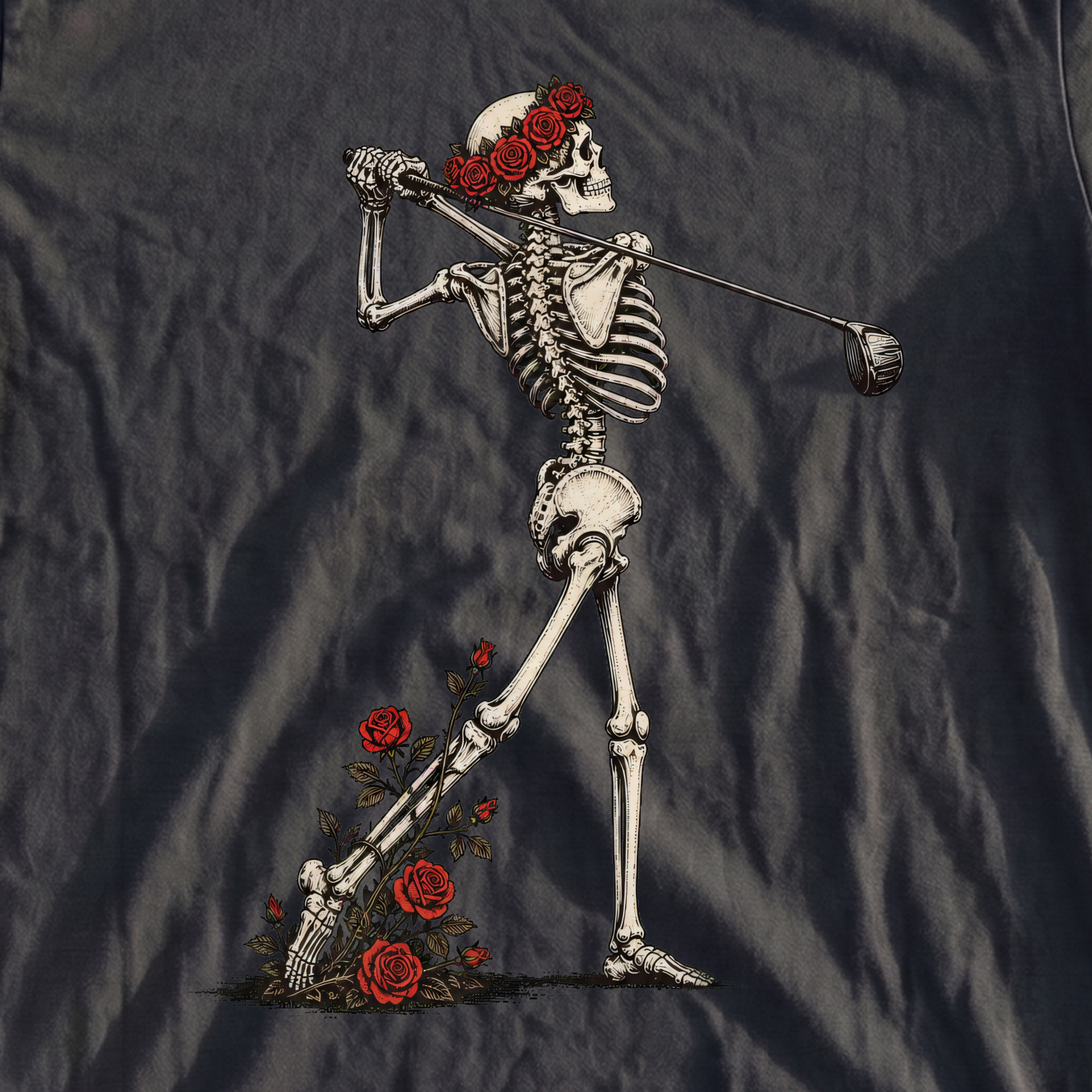 Rose Skeleton Follow Through Heavyweight Tee, print close-up on Black