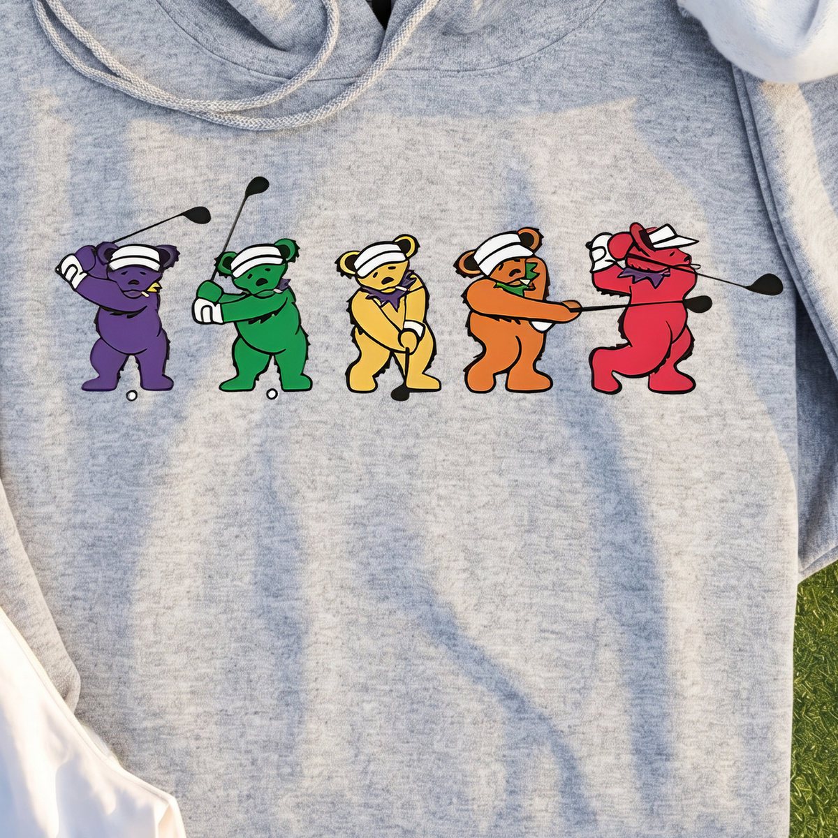 Golf Swing Bears Hoodie, print close-up on Sport Grey