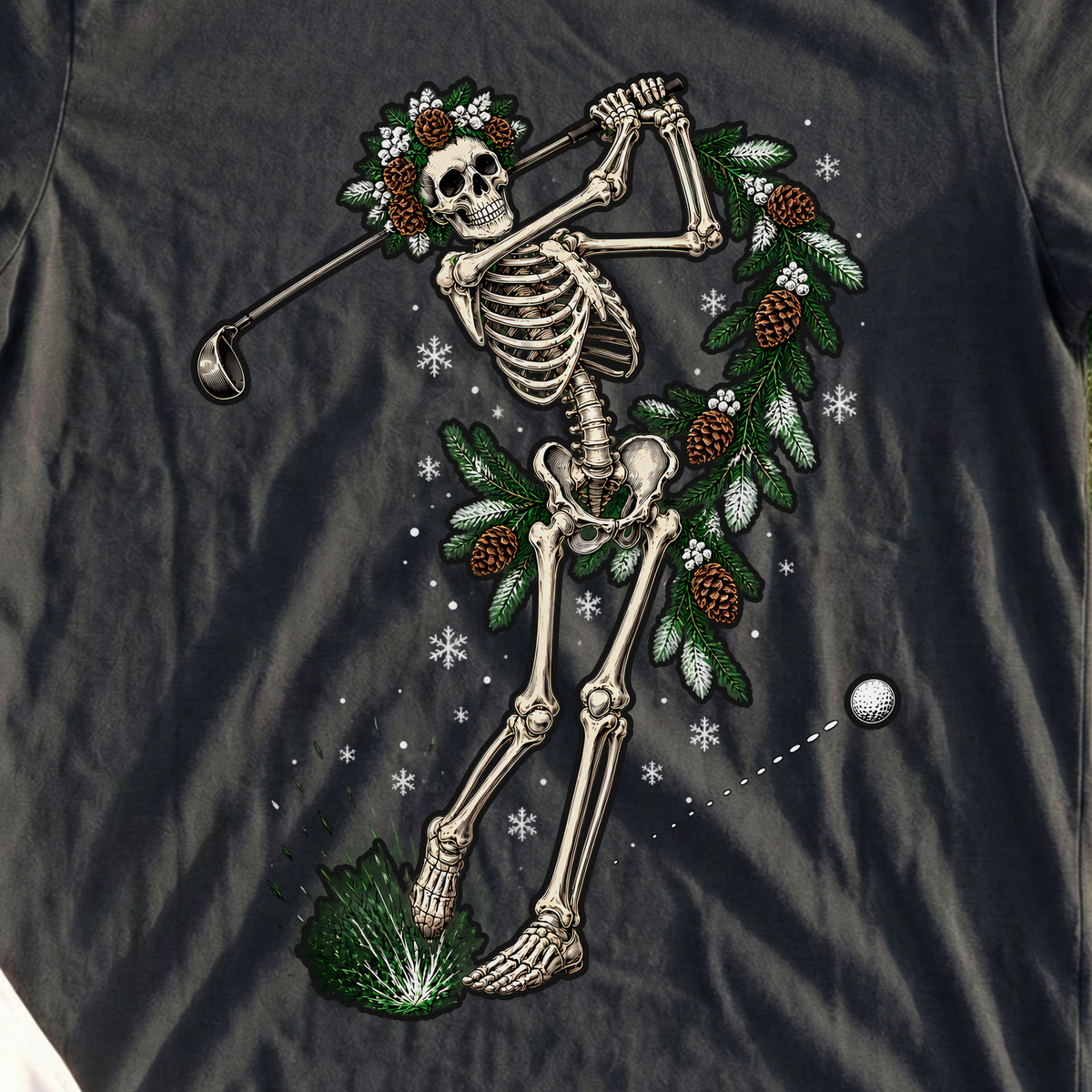 Winter Pine Skeleton Swing Tee, print close-up on Black