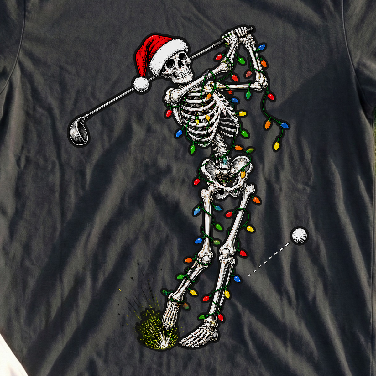 Christmas Lights Skeleton Swing Tee, print close-up on Black