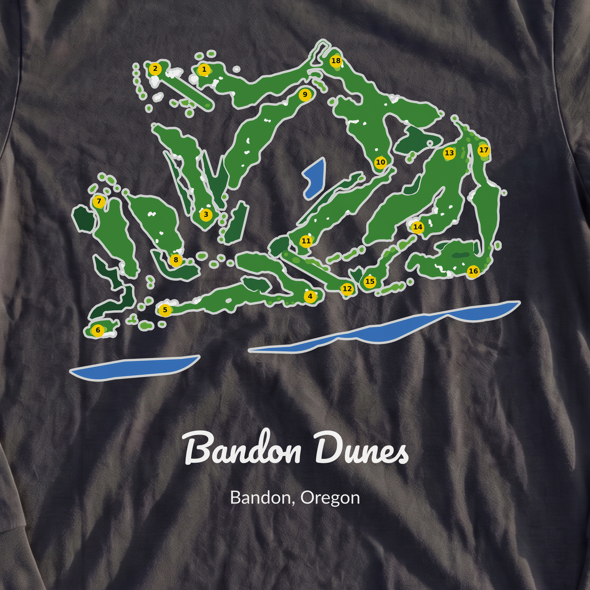 Bandon Dunes Course Map Long Sleeve Tee, print close-up on Black