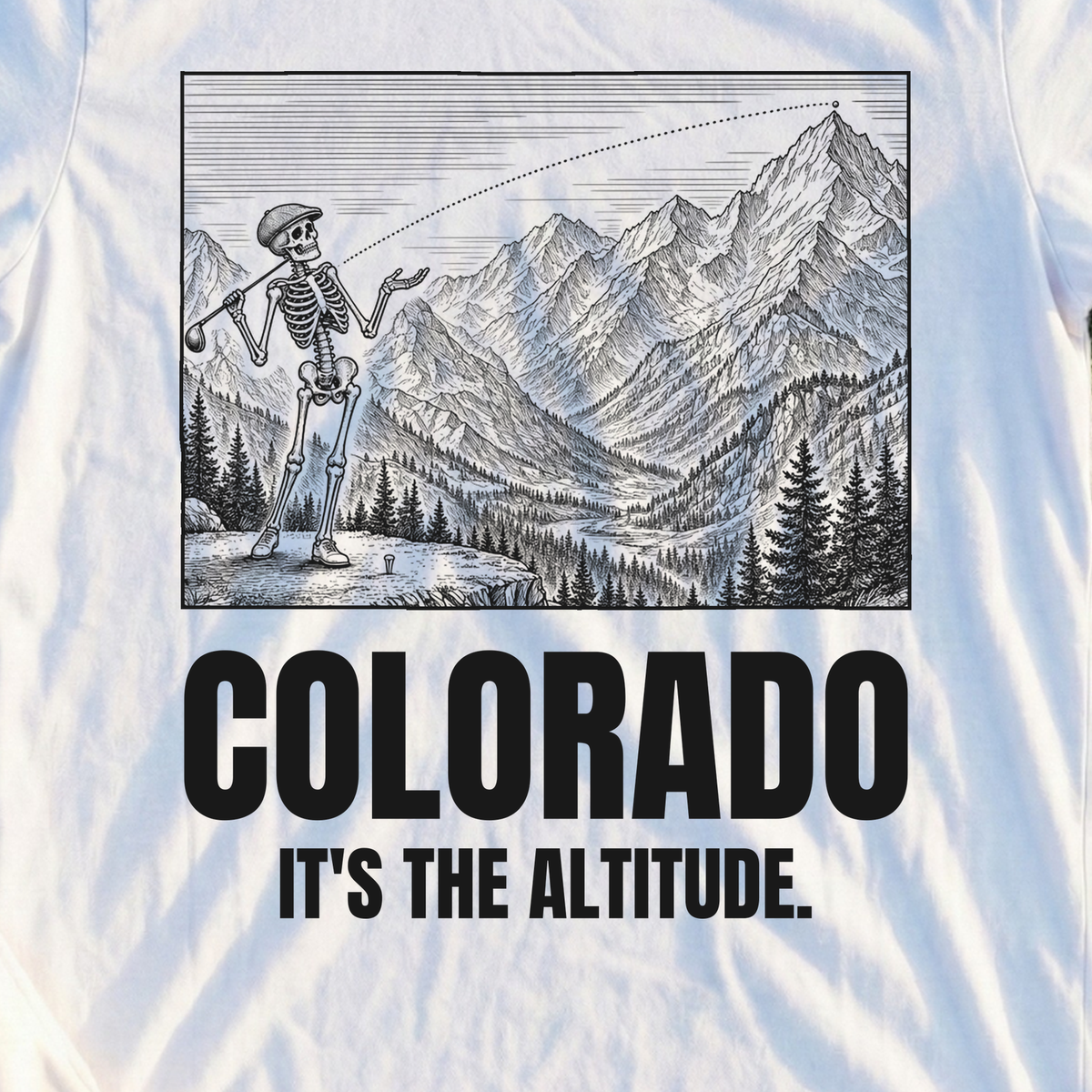 Colorado It's The Altitude Tee, print close-up on White