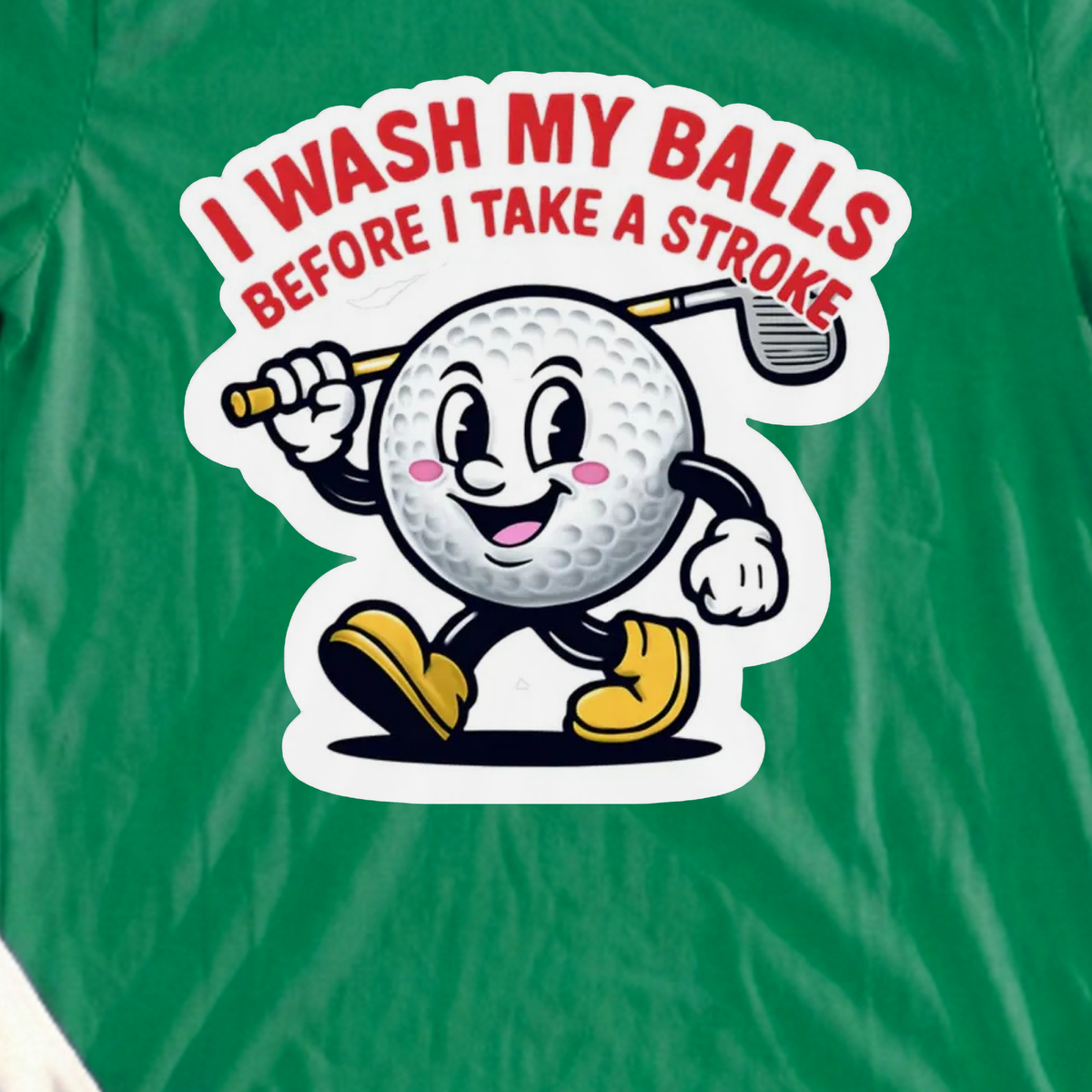 I Wash My Balls Tee, print close-up on Irish Green