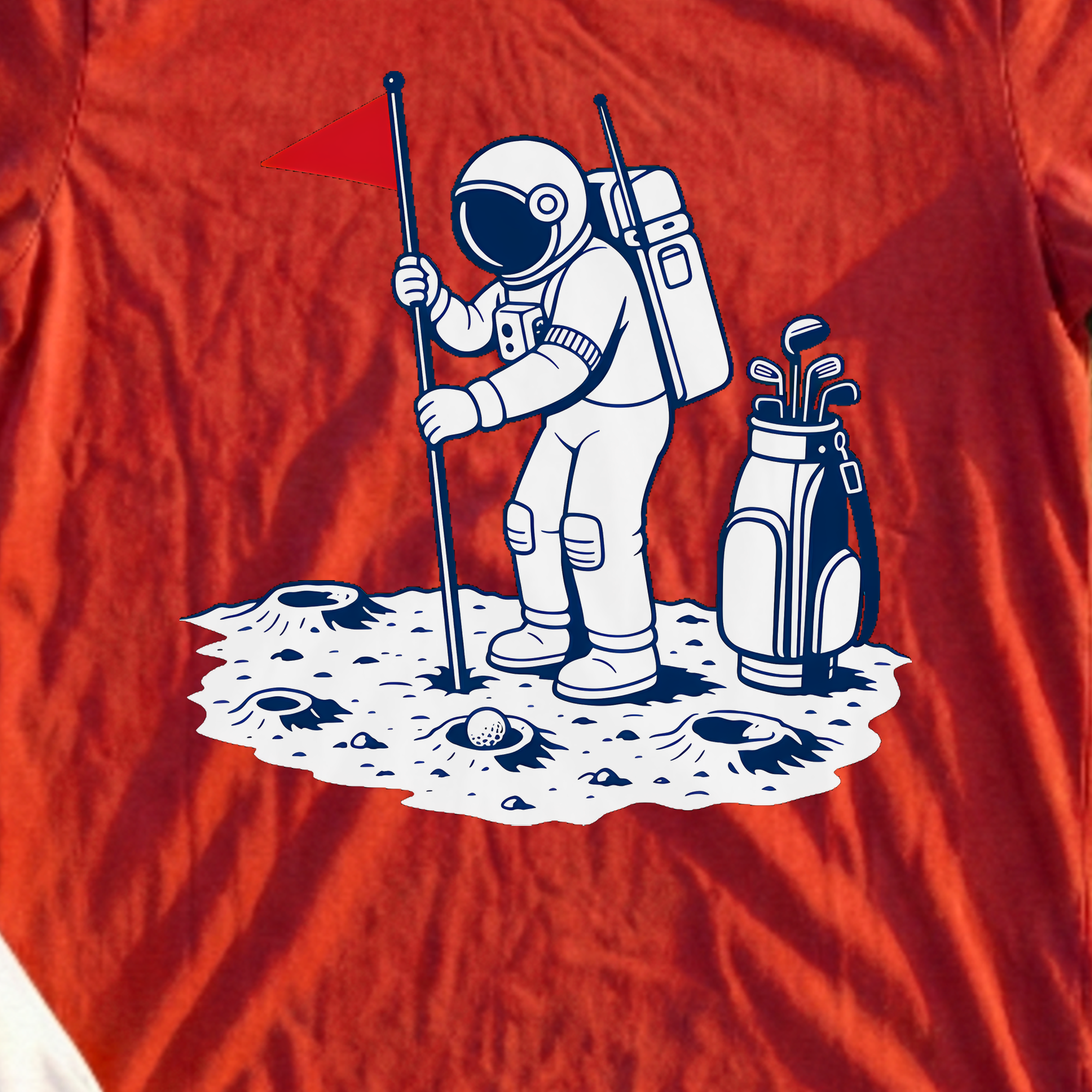 Astronaut Golfer Tee, print close-up on Red