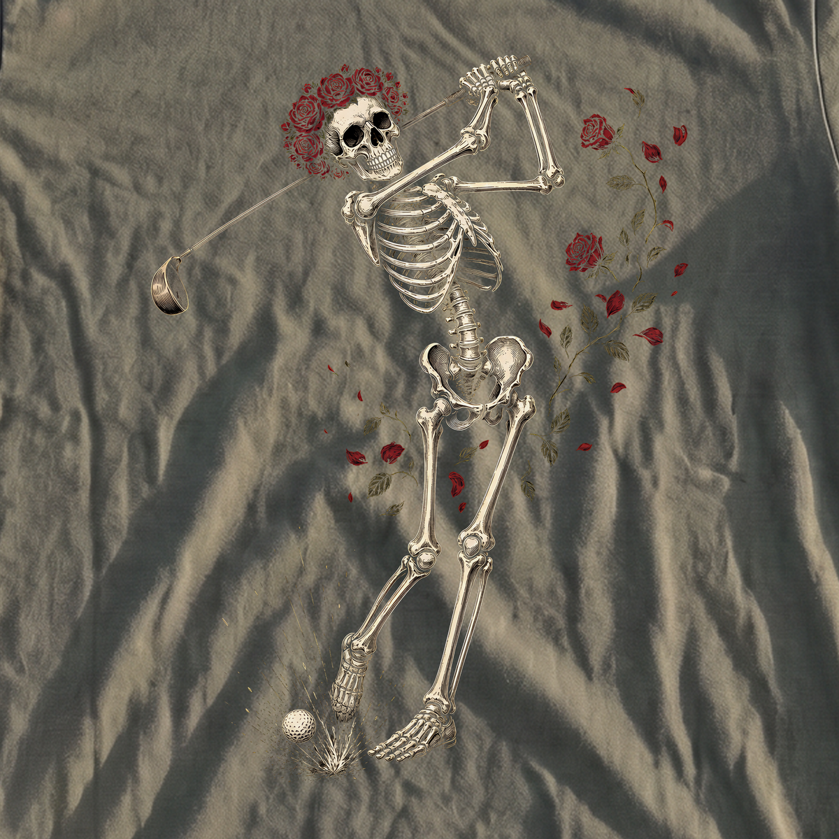 Rose Skeleton Swing Premium Tee, print close-up on Moss