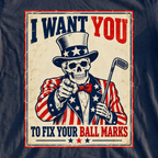 I Want You To Fix Your Ball Marks Tee, print close-up on Navy