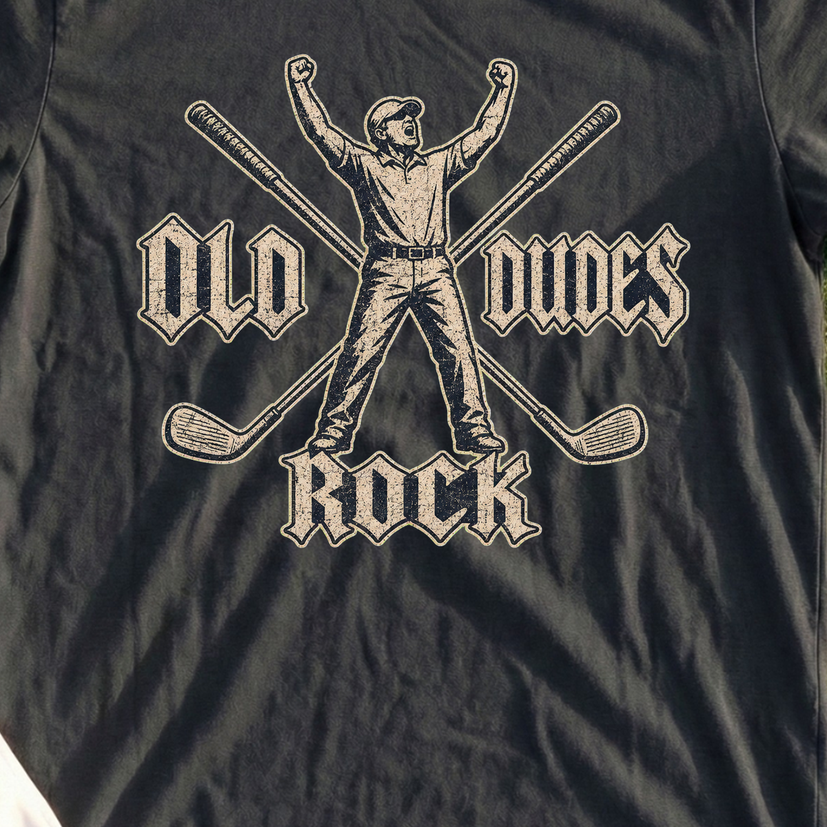 Old Dudes Rock, Distressed Patch Tee, print close-up on Black