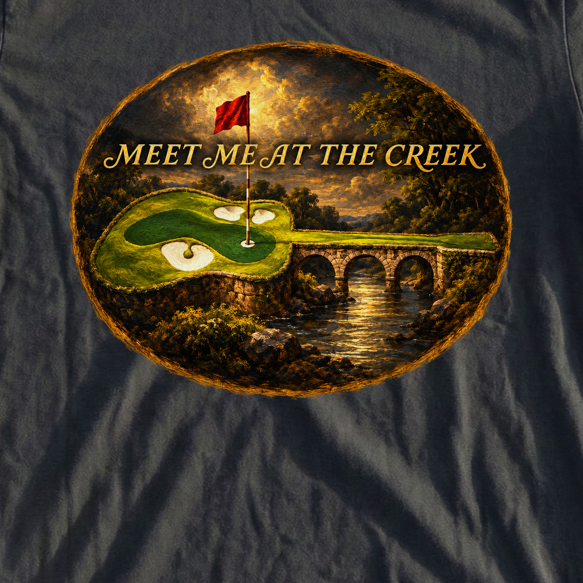 Meet Me At The Creek Oil Painting Tee, print close-up on Black