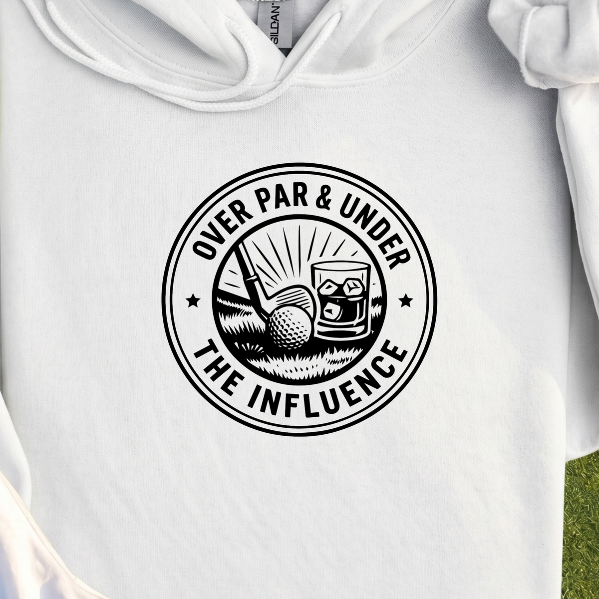 Over Par & Under The Influence Hoodie, print close-up on White