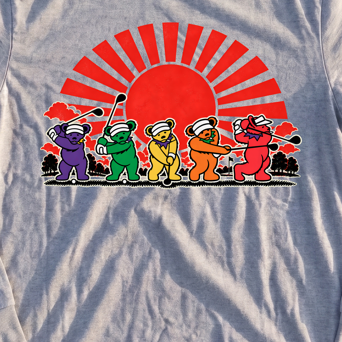 Golf Swing Bears Red Sun Long Sleeve Tee, print close-up on Sport Grey