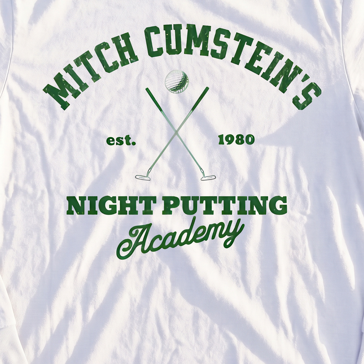 Mitch Cumstein Night Putting Long Sleeve Tee, print close-up on White