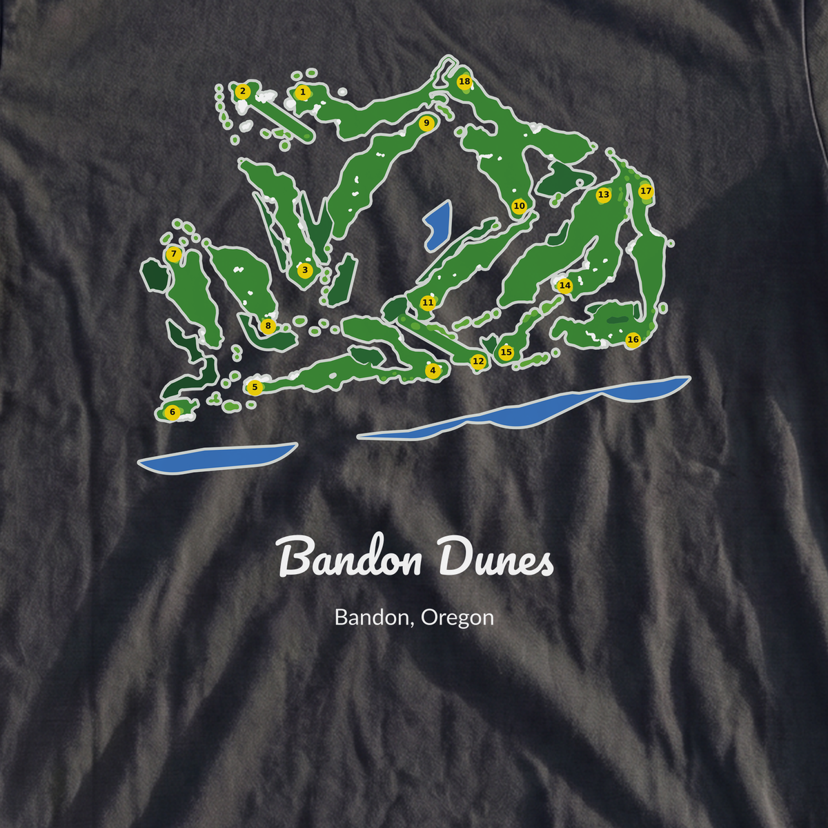 Bandon Dunes Course Map Premium Tee, print close-up on Black