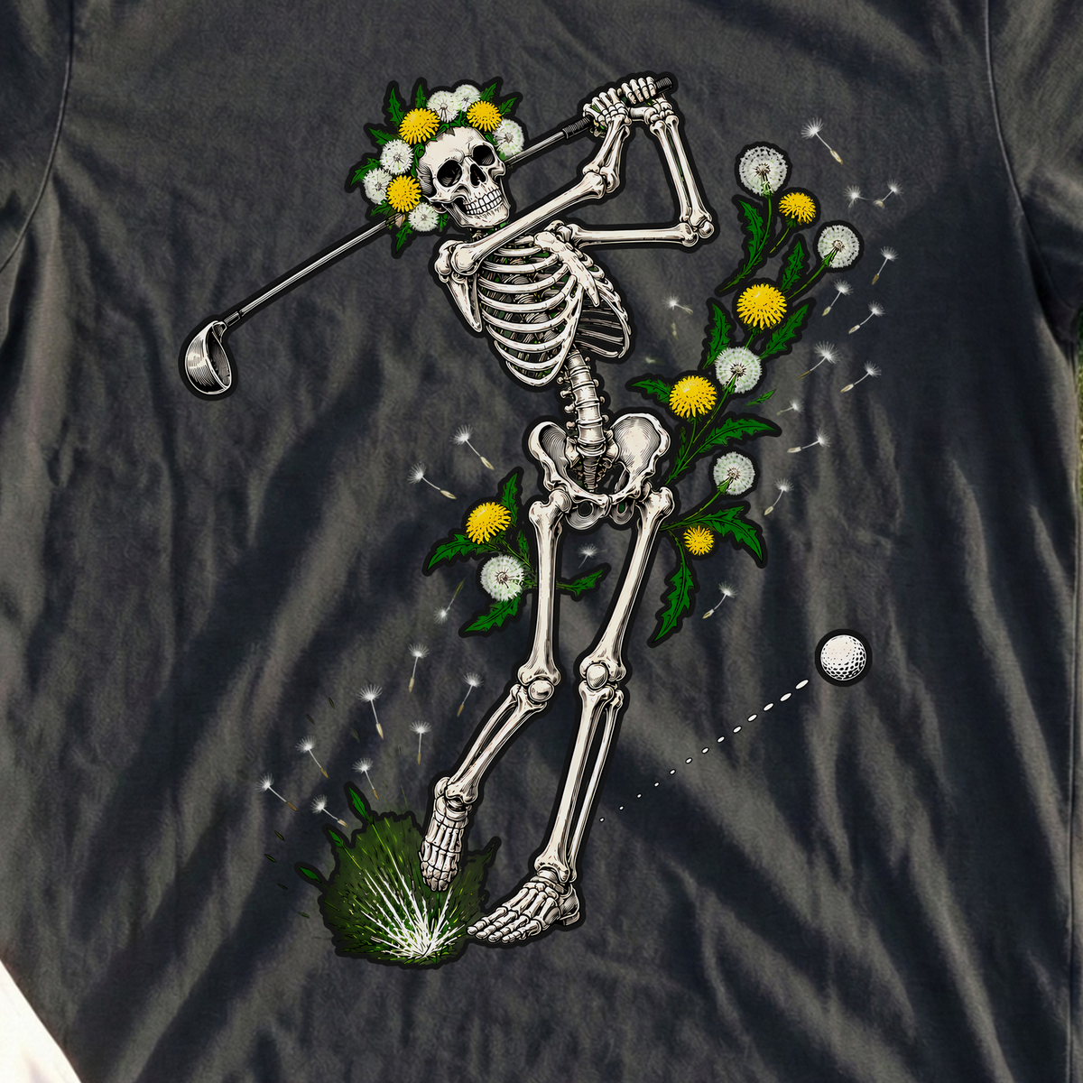Dandelion Skeleton Swing Tee, print close-up on Black