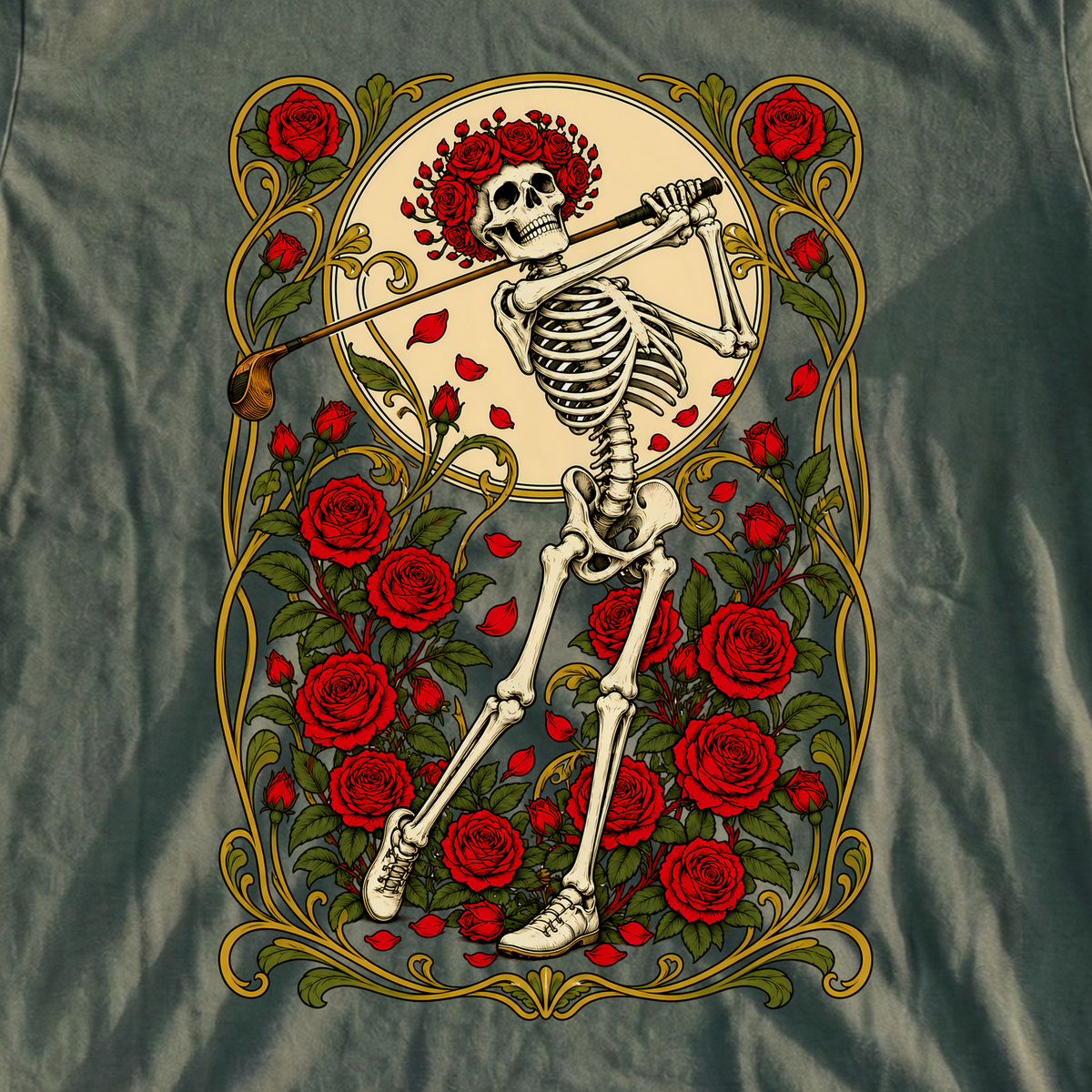 Swing Eternal Art Nouveau Tee, print close-up on Military Green
