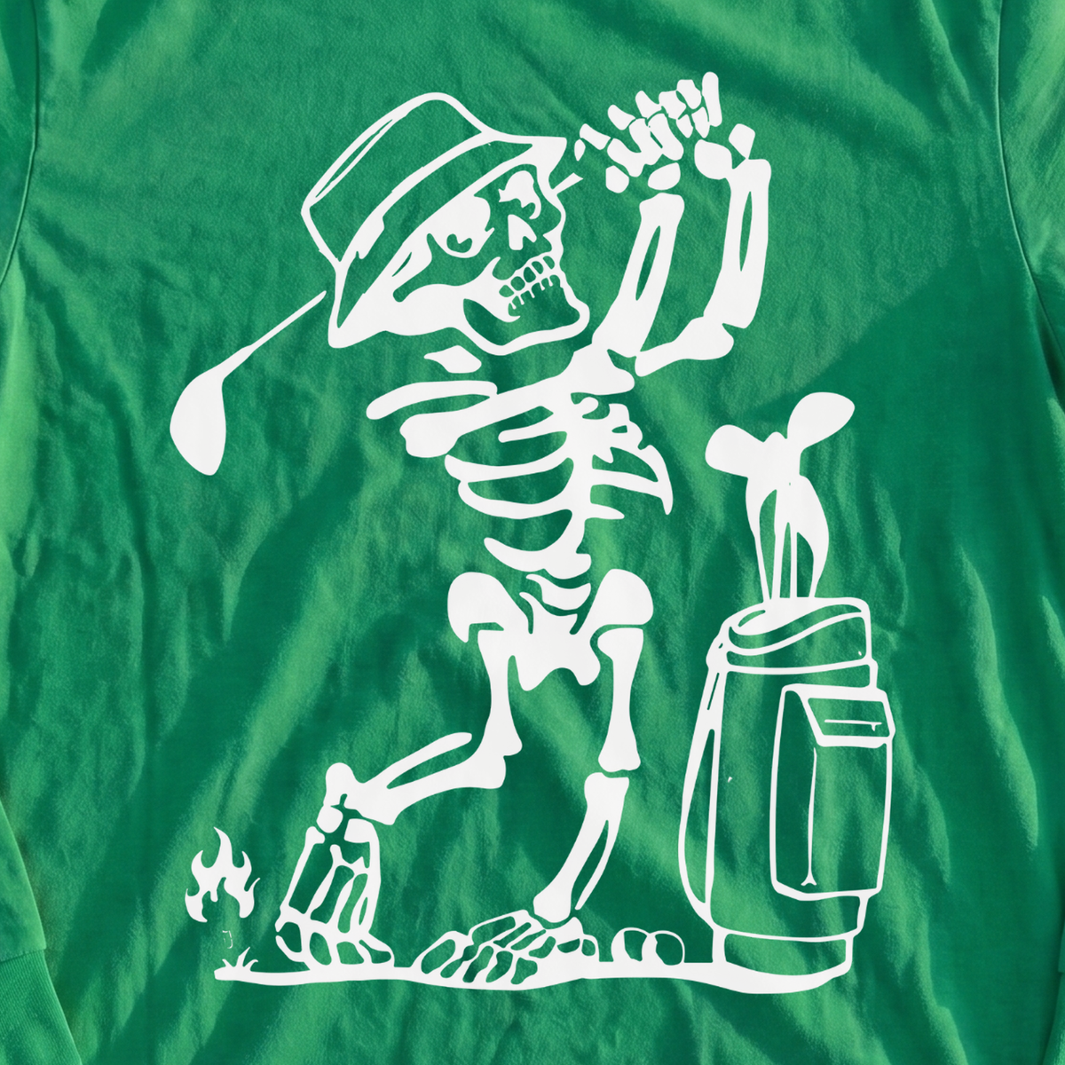 Skeleton Golfing! Long Sleeve Tee, print close-up on Irish Green