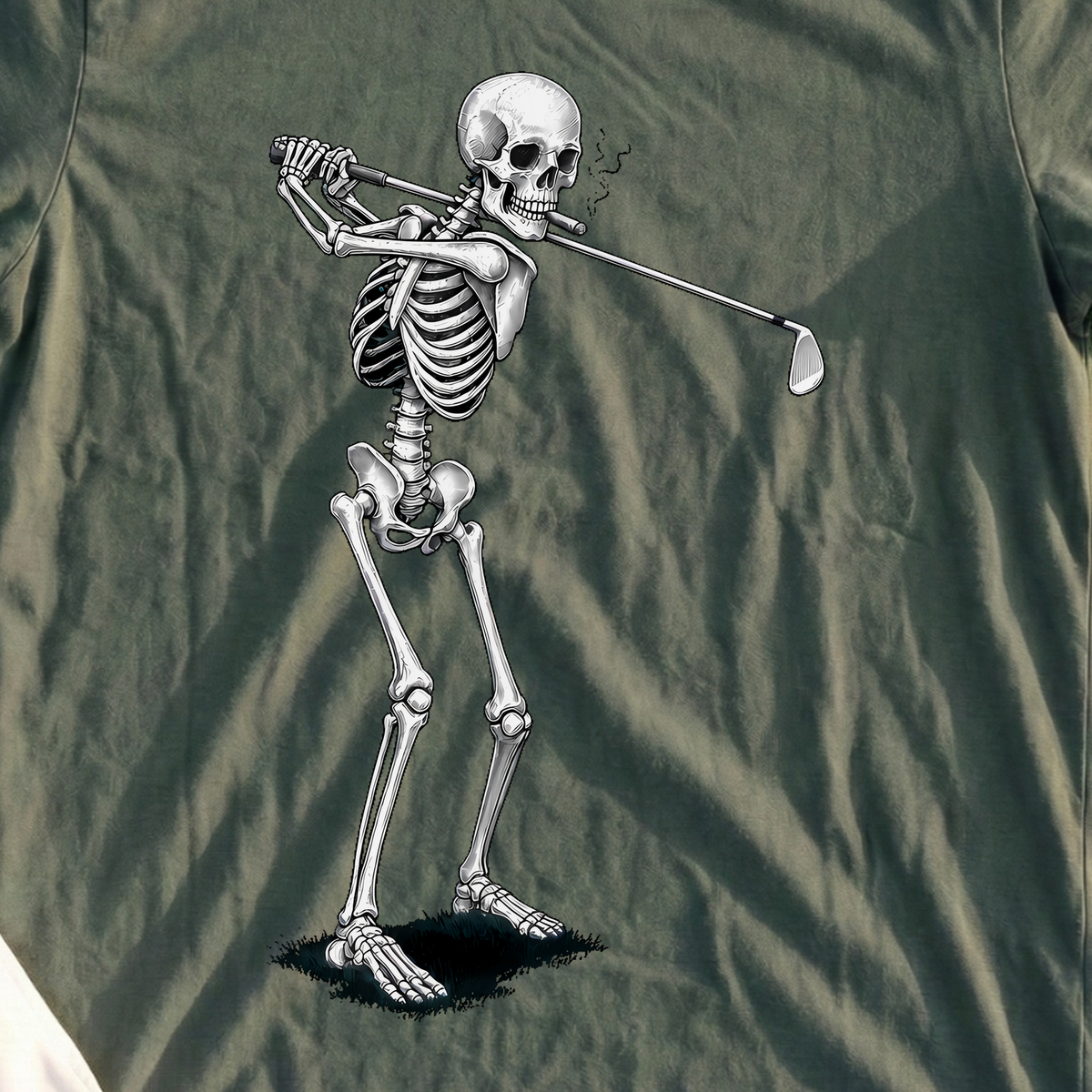 Cigar Skeleton Swing Tee, print close-up on Military Green