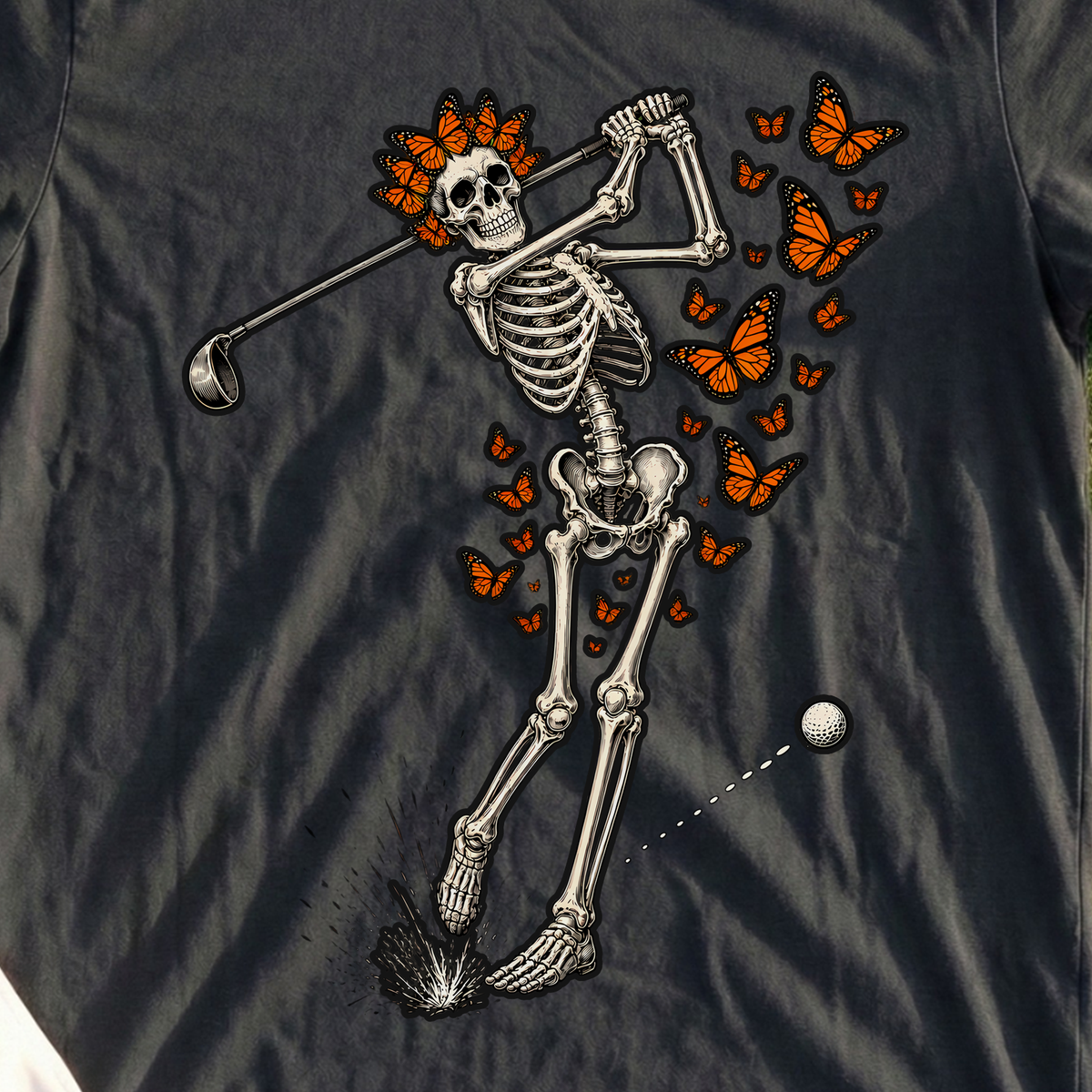 Butterfly Skeleton Swing Tee, print close-up on Black