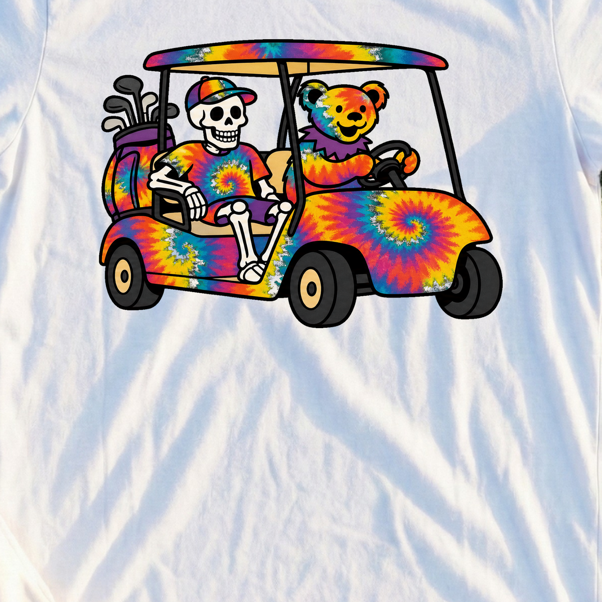 Tie Dye Golf Cart Tee, print close-up on White