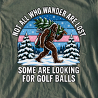 Wandering Sasquatch Christmas Tee, print close-up on Military Green