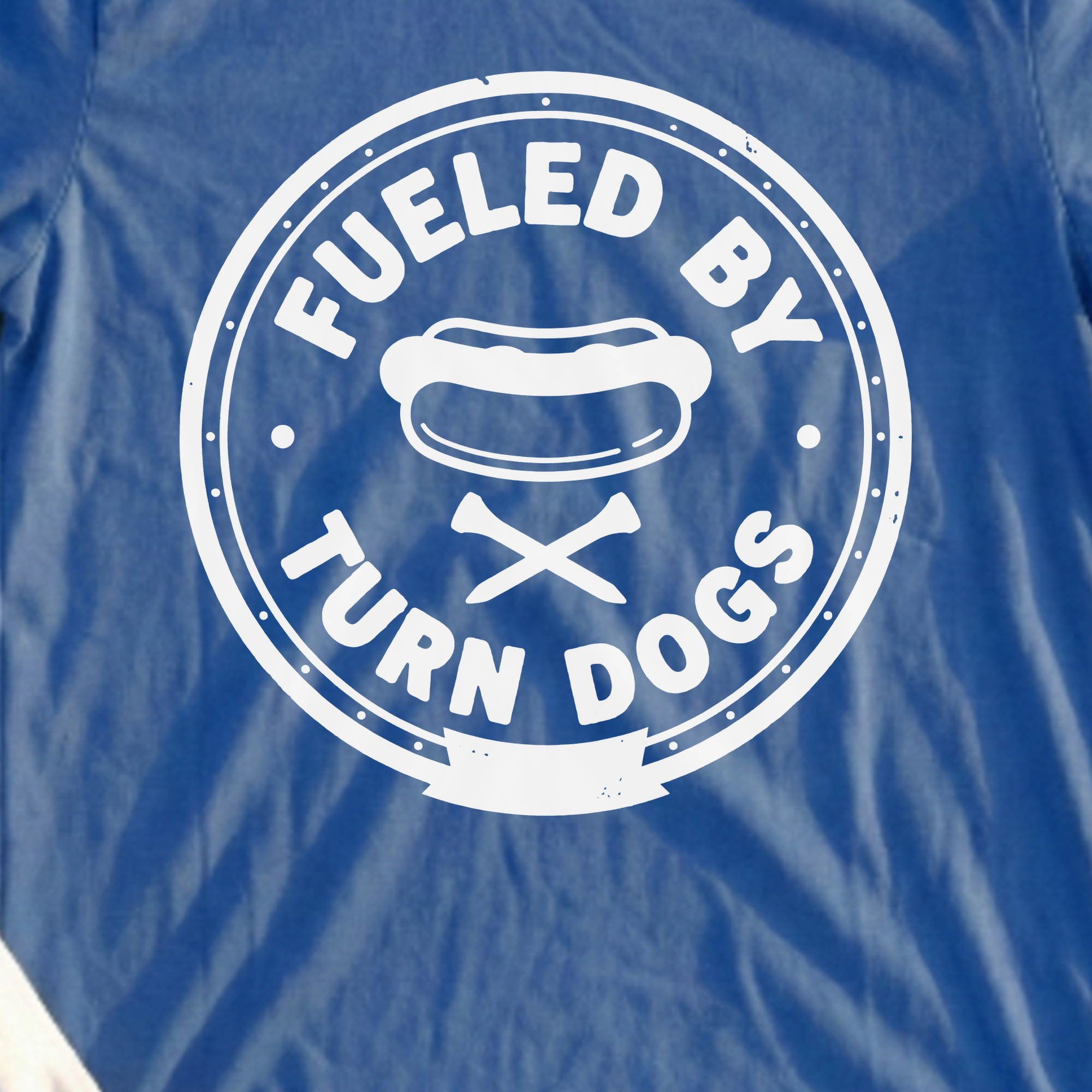 Fueled By Turn Dogs Tee, print close-up on Royal