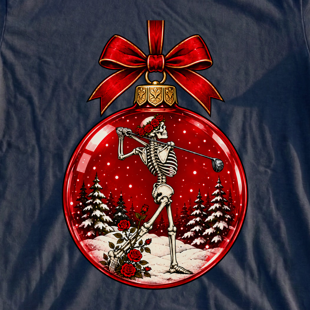 Rose Follow Through Ornament Tee, print close-up on Navy