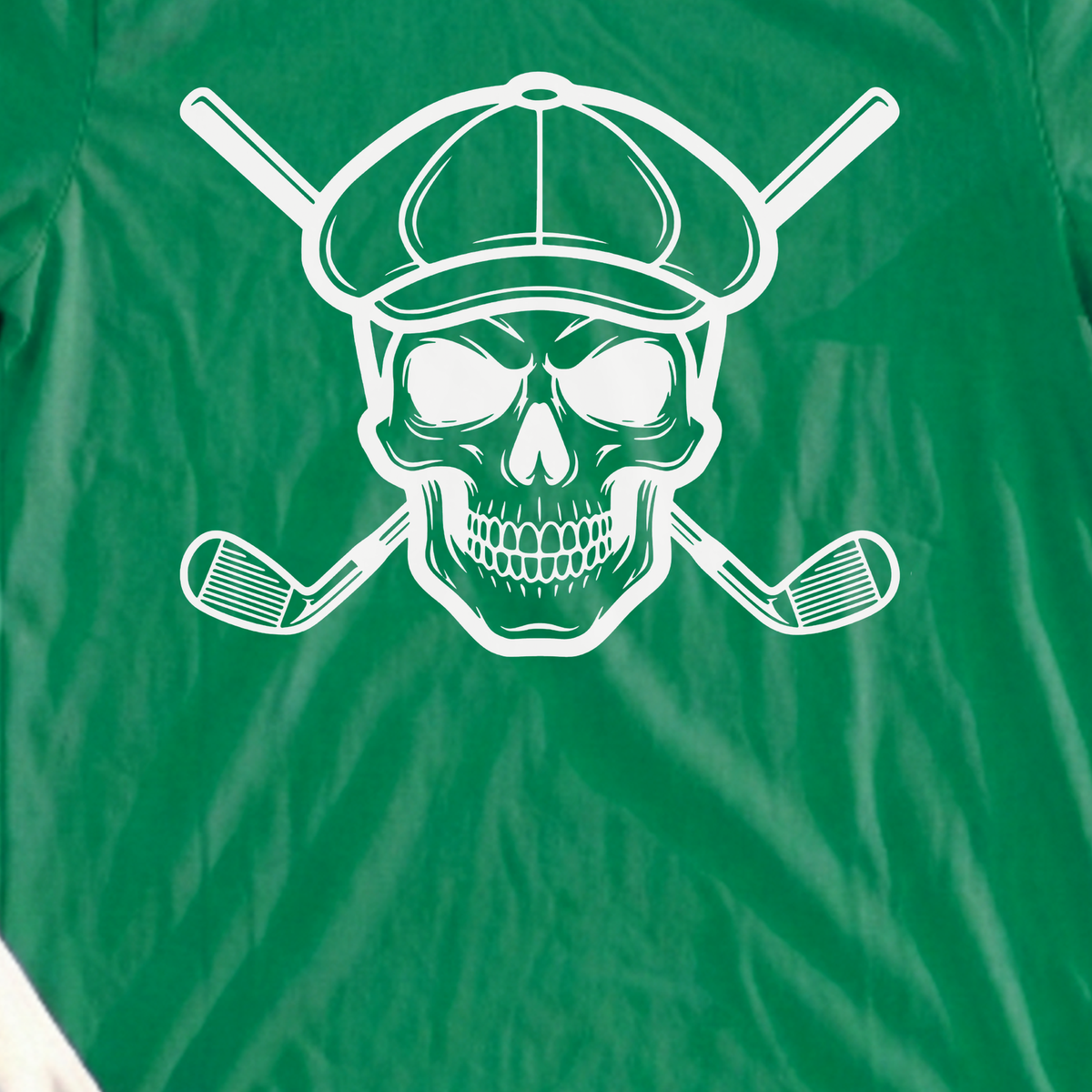 Skull & Cross Clubs Tee, print close-up on Irish Green