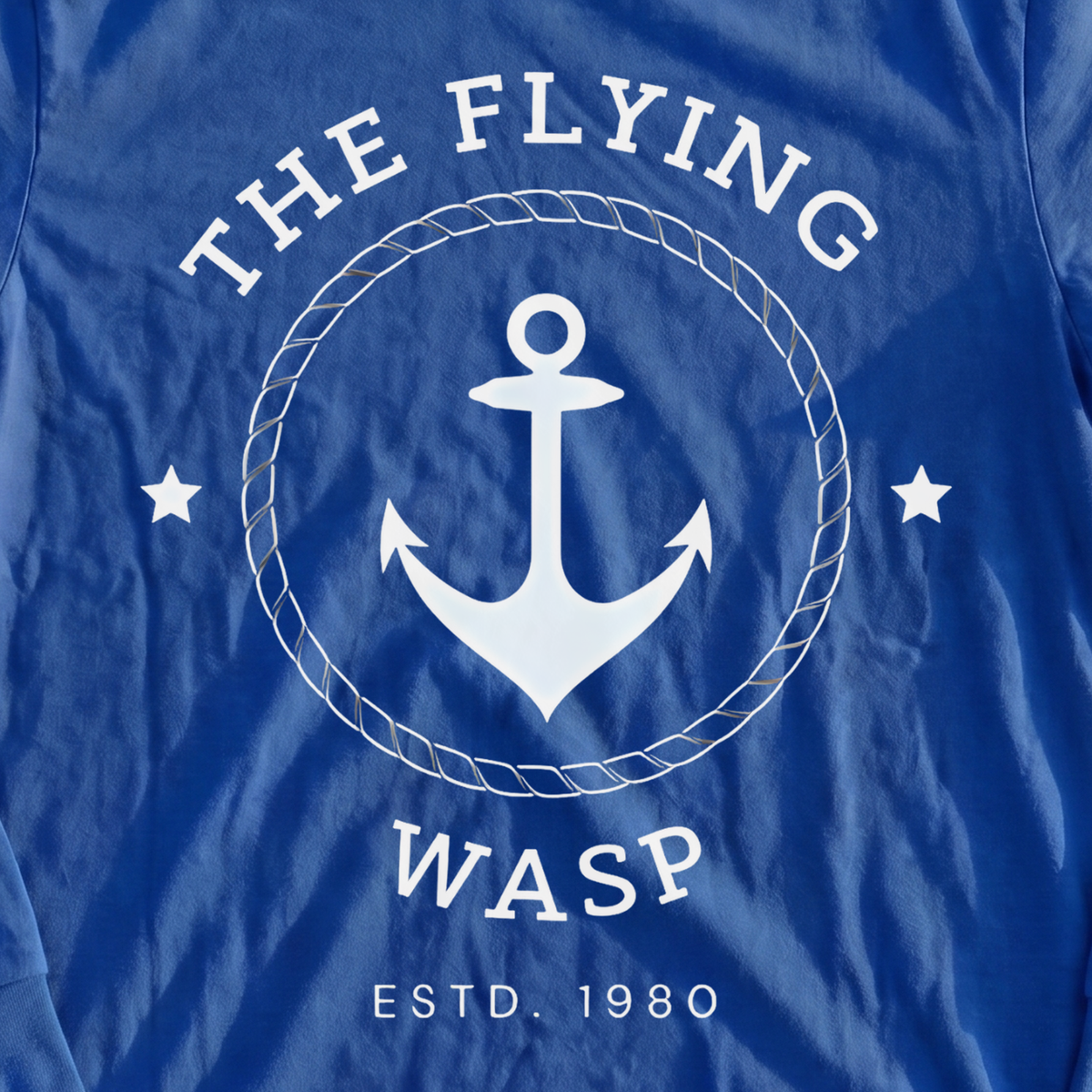 The Flying Wasp Long Sleeve Tee, print close-up on Royal