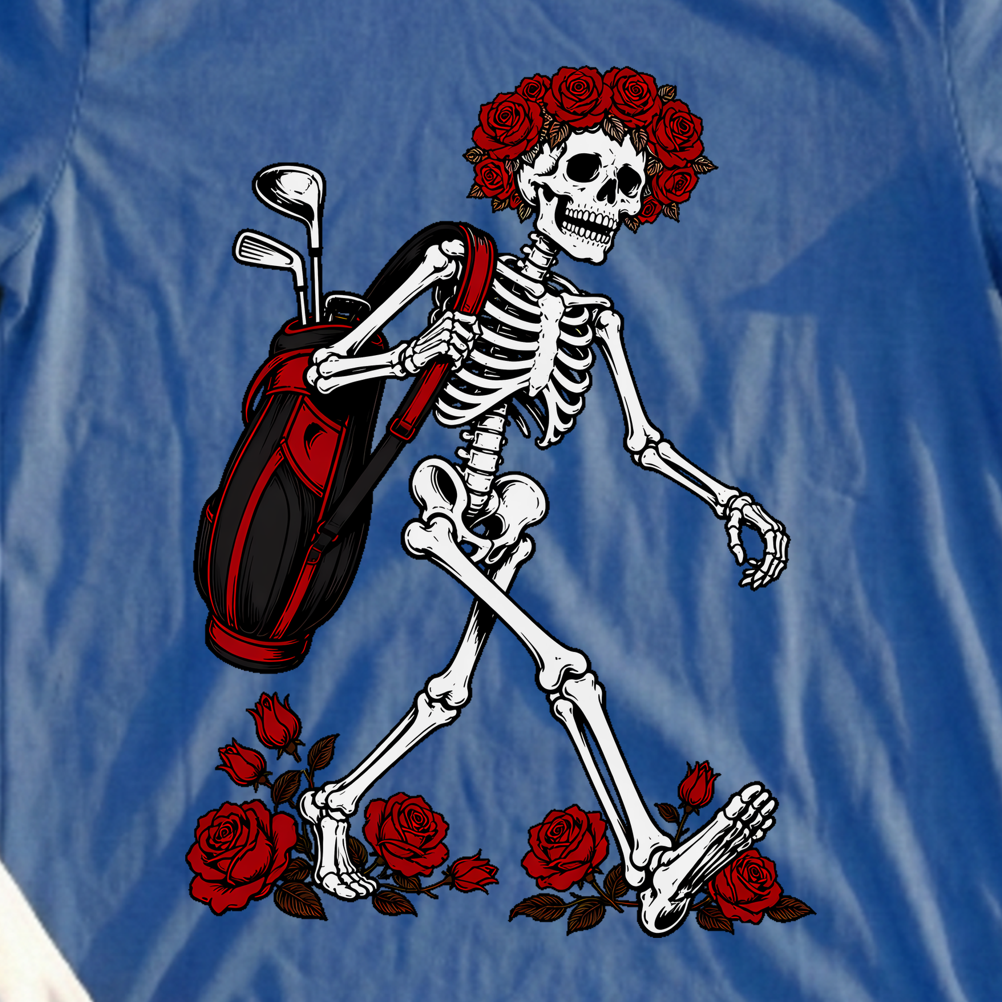 Rose Skeleton Bag Drop Tee, print close-up on Royal