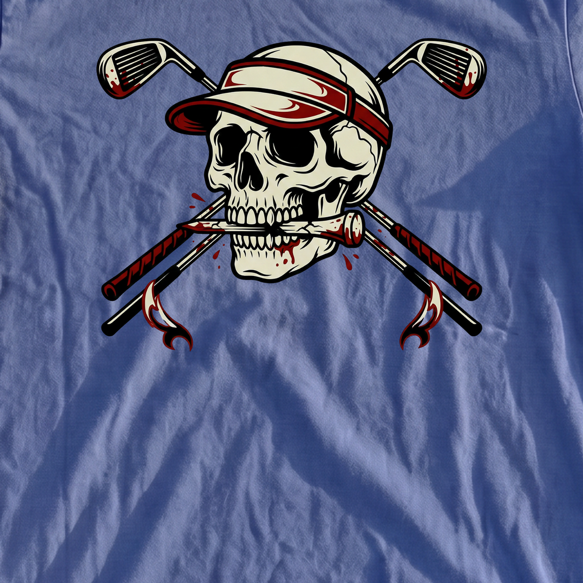 Skull and Cross Clubs Color Premium Tee, print close-up on Mystic Blue