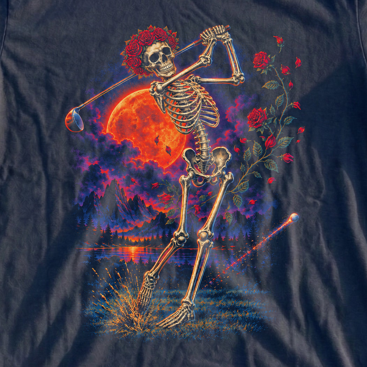 Rose Skeleton Rock Tour Tee, print close-up on Navy