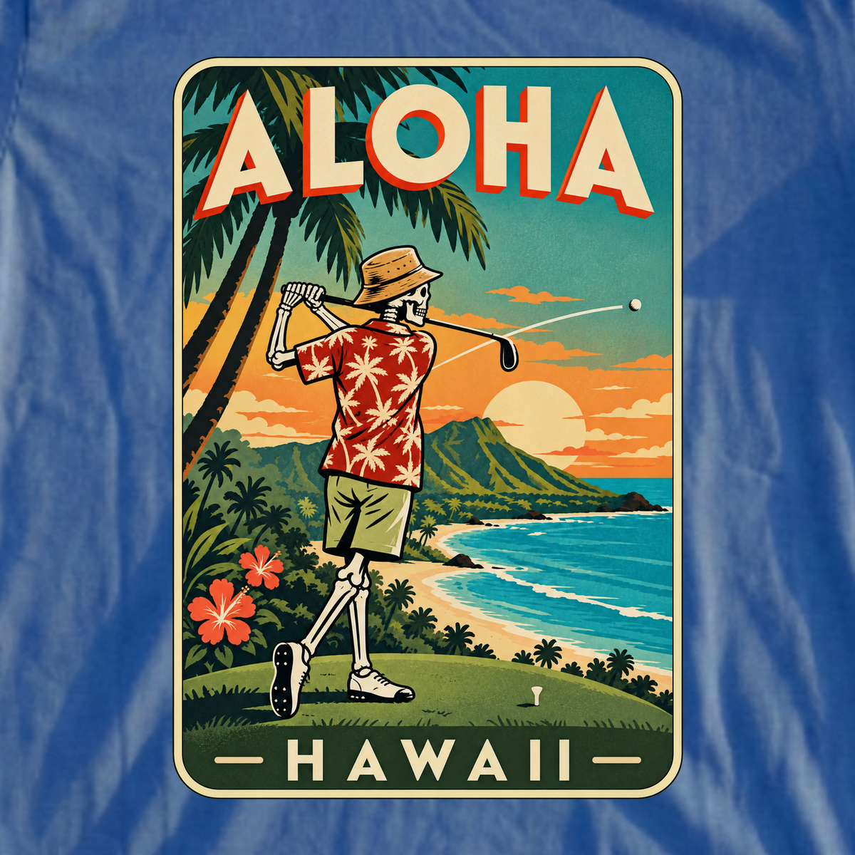 Aloha Hawaii Skeleton Travel Poster Tee, print close-up on Royal