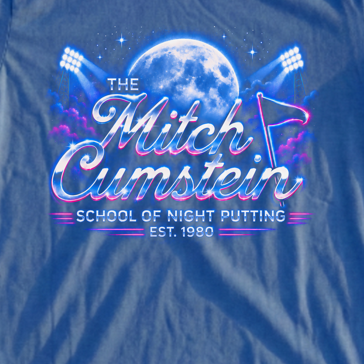 Mitch Cumstein Night Tour Tee, print close-up on Royal