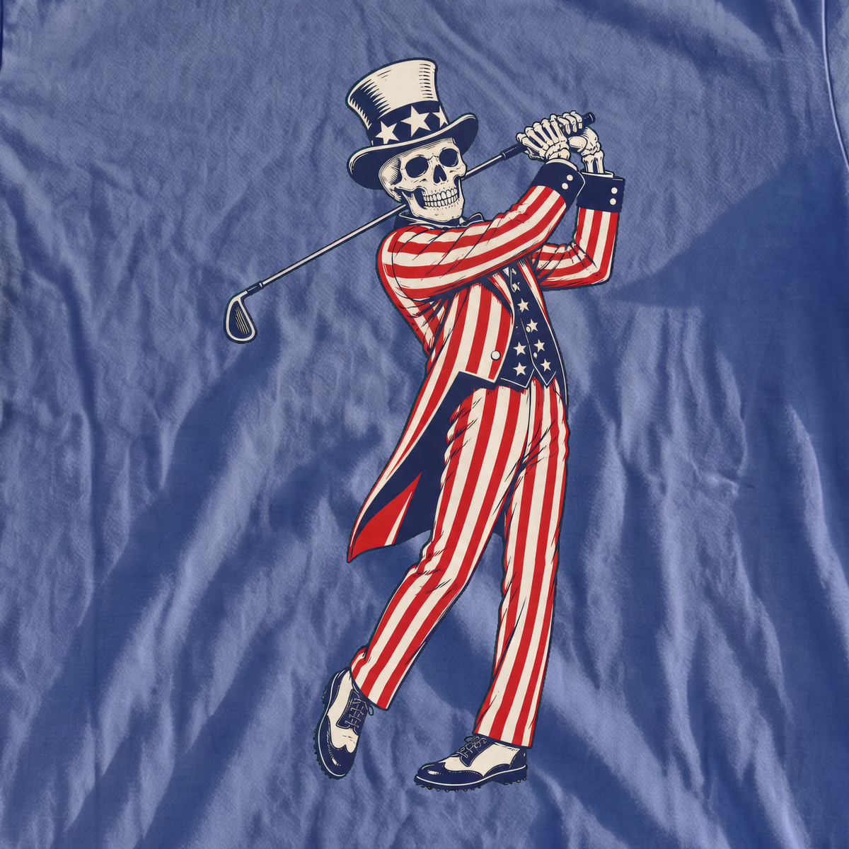 Yankee Doodle Swing Premium Tee, print close-up on Mystic Blue
