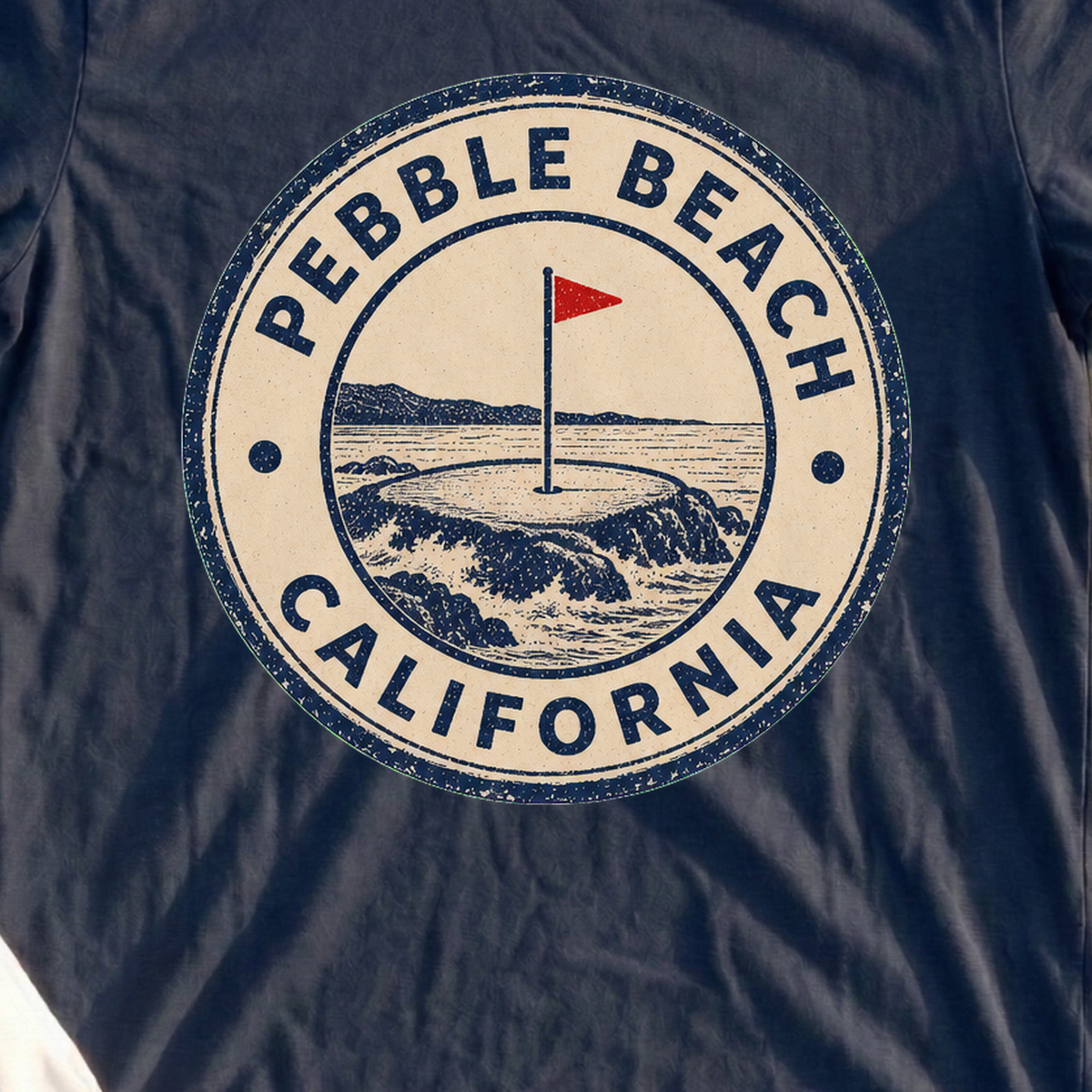 Pebble Beach Passport Stamp Tee, print close-up on Navy