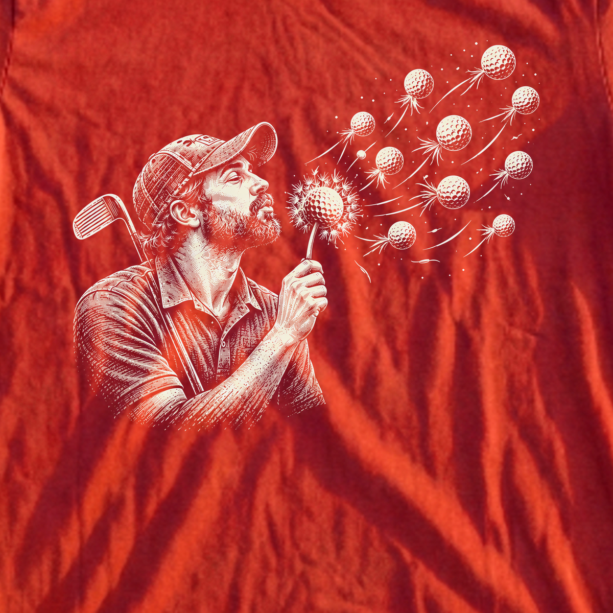 Golf Ball Dandelion Tee, print close-up on Red