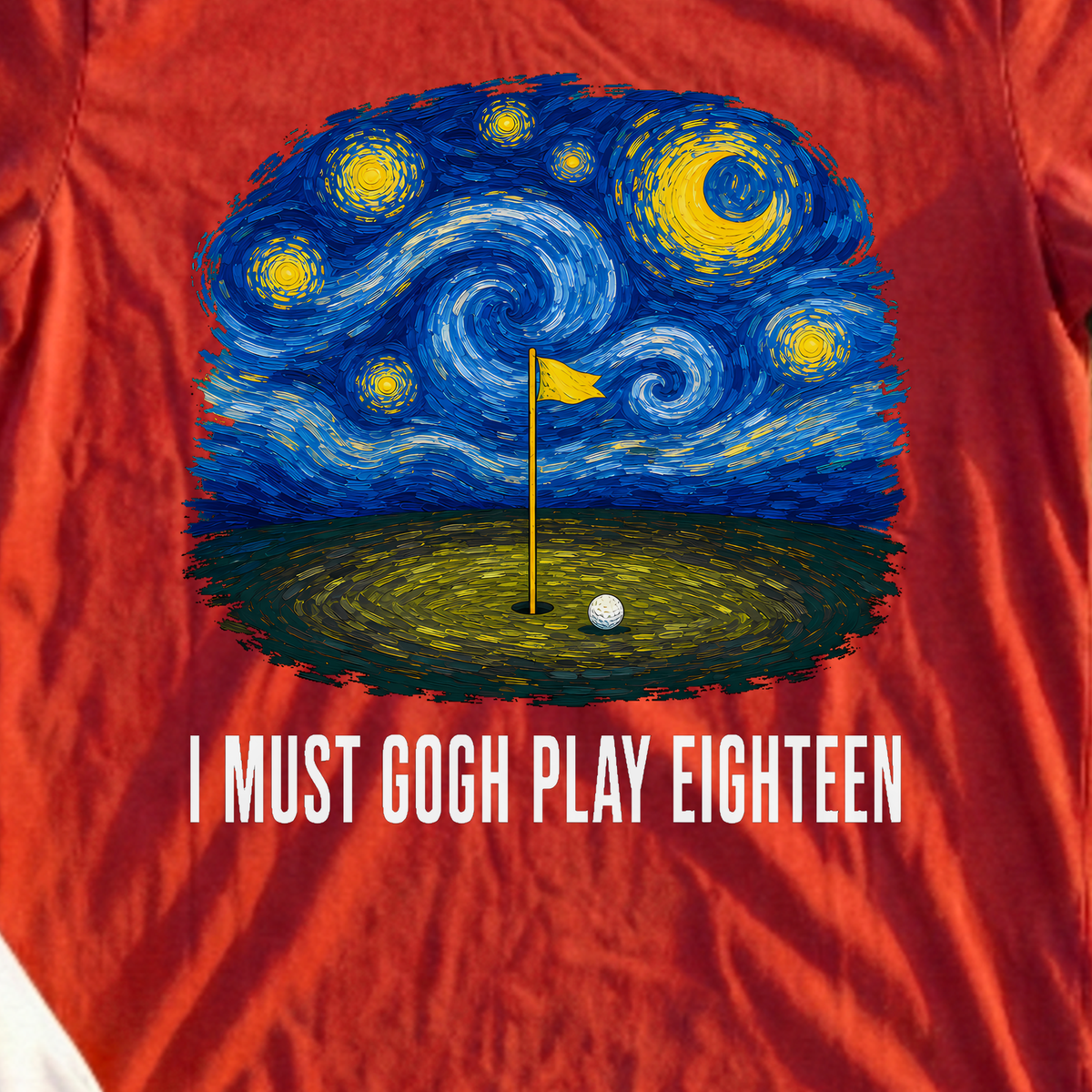 I Must Gogh Play Eighteen Tee, print close-up on Red