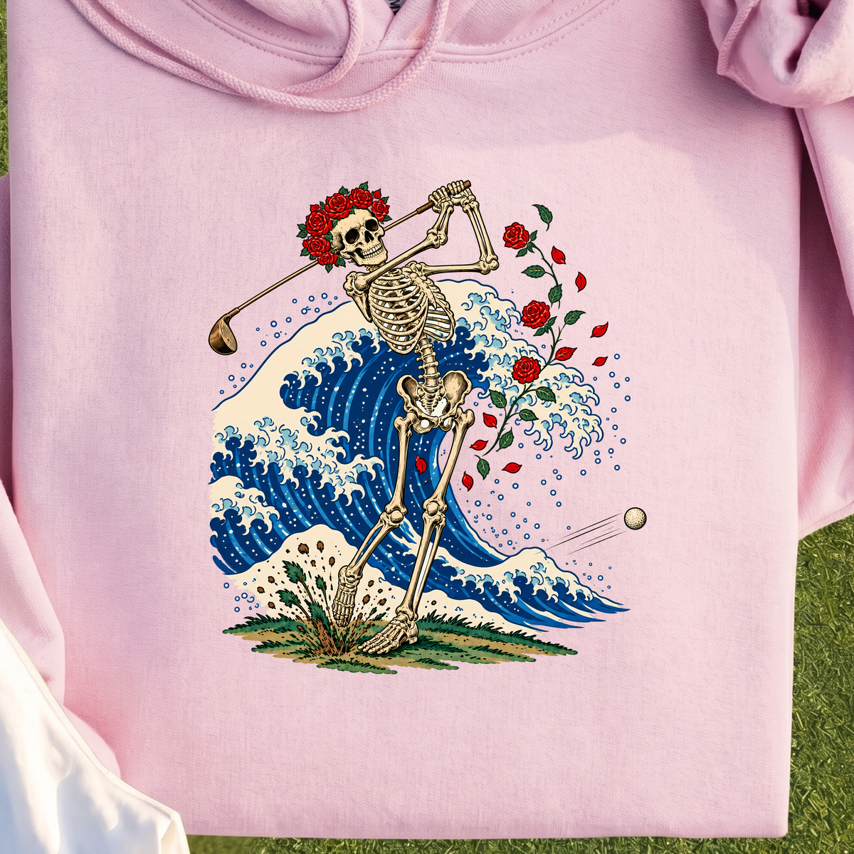 Rose Skeleton Great Wave Hoodie, print close-up on Light Pink