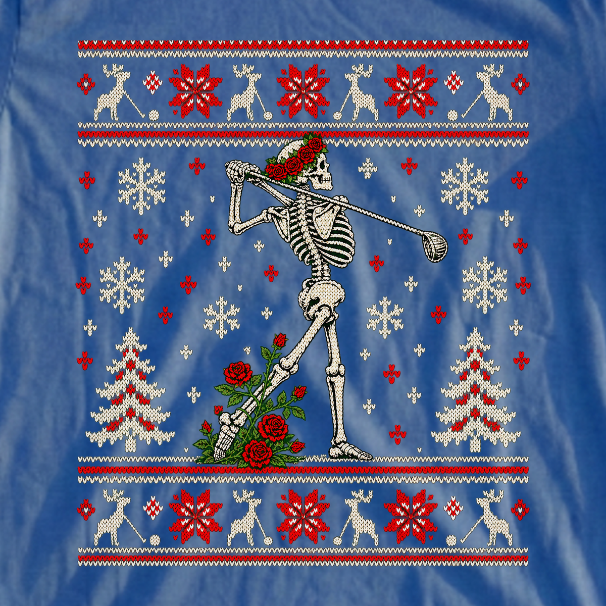 Rose Follow Through Ugly Sweater Tee, print close-up on Royal