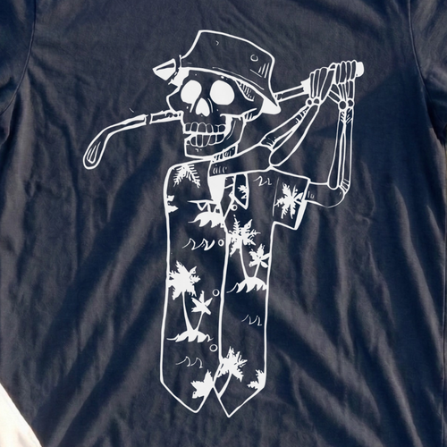 Tropical Skeleton Tee, print close-up on Navy