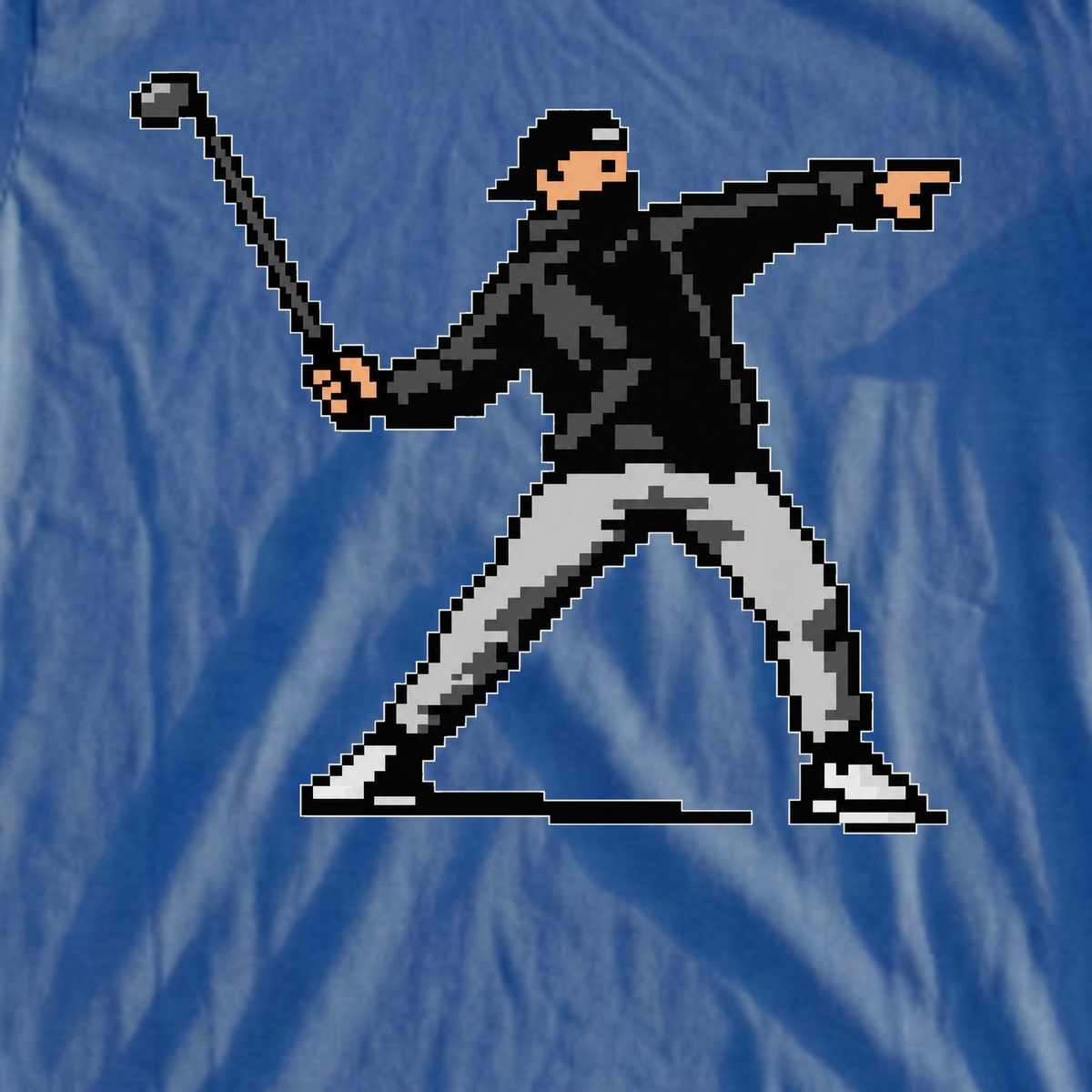Club Thrower 8-Bit Tee, print close-up on Royal