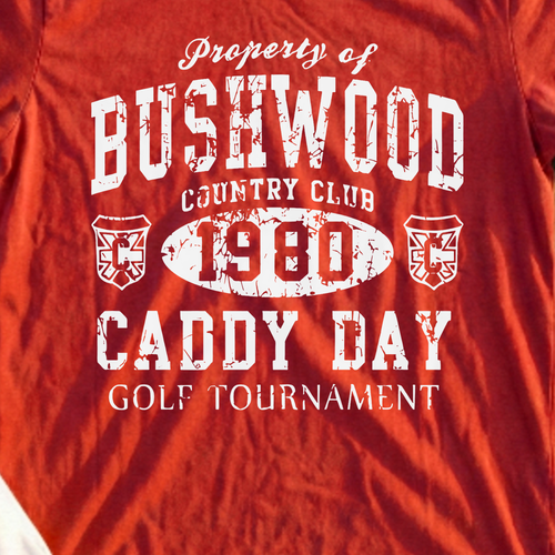 Bushwood Caddy Day Tee, print close-up on Red