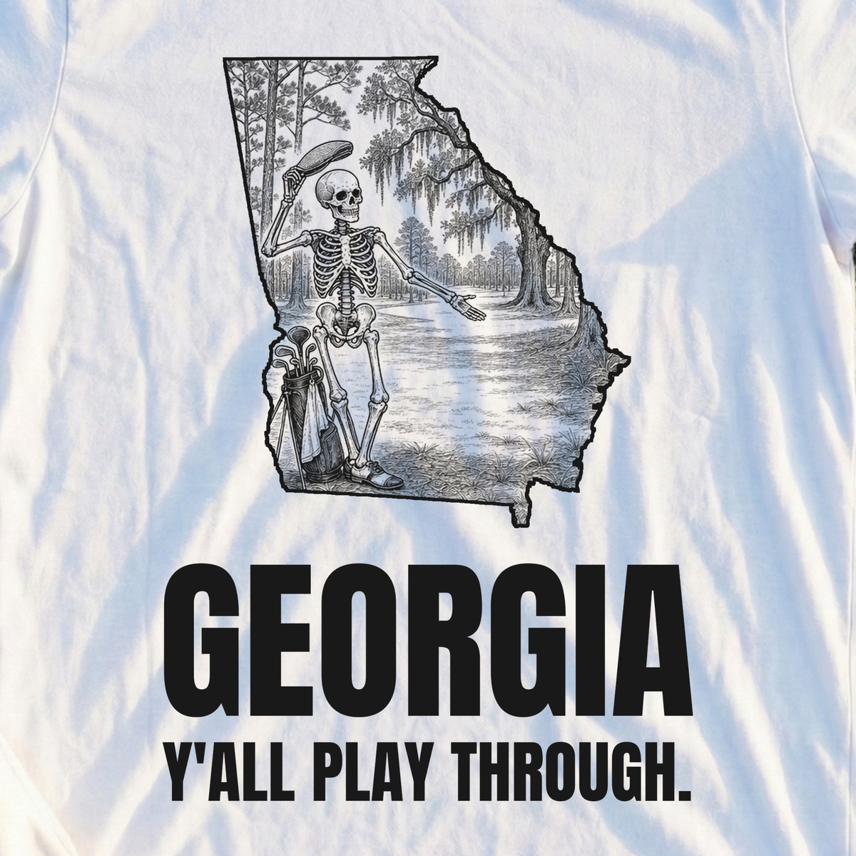 Georgia Y'all Play Through Tee, print close-up on White