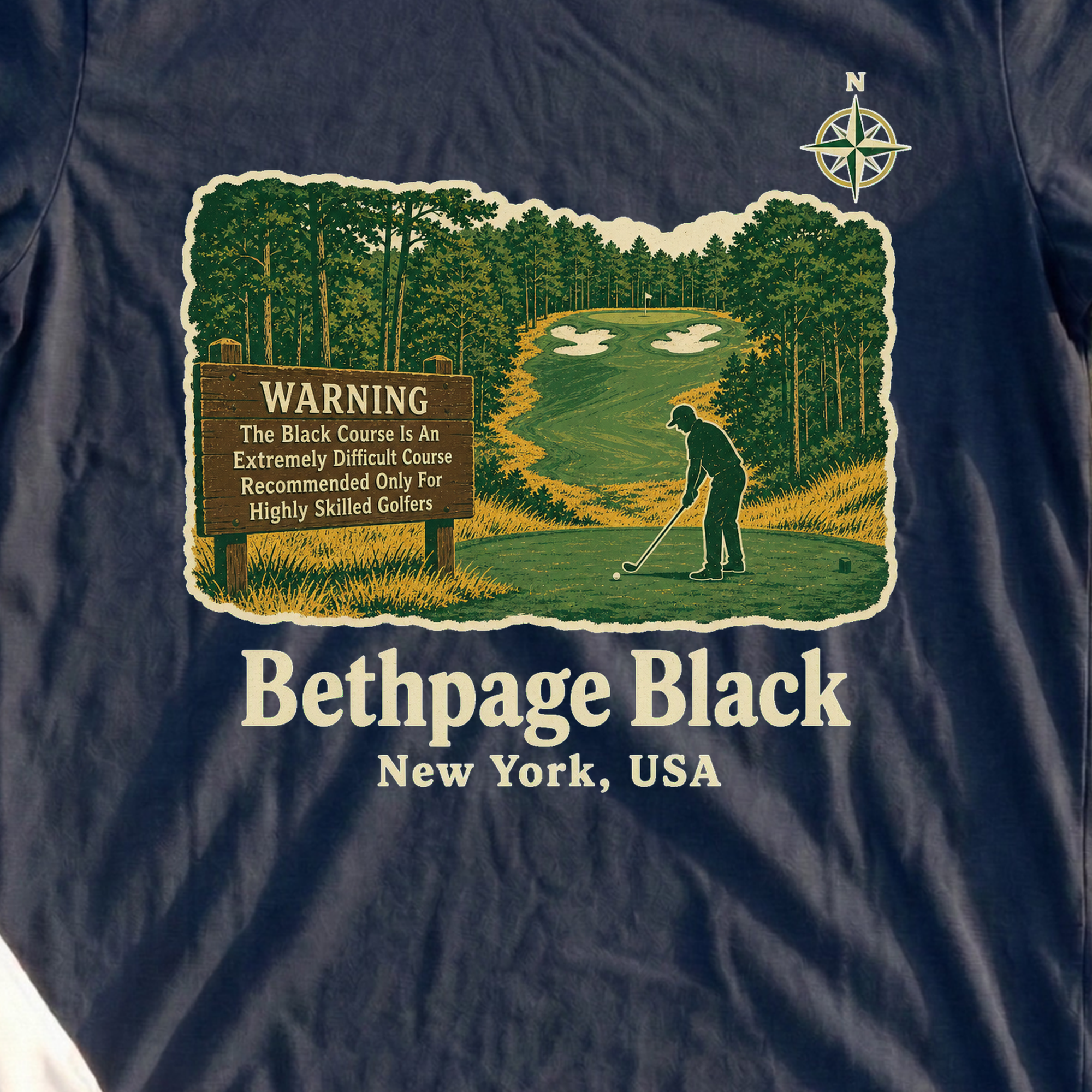 Bethpage Black Travel Poster Tee, print close-up on Navy
